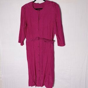 Vintage Magenta Pink Leslie Belle Button Front Belted Midi Dress XL Secretary